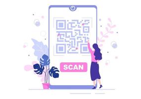 scanner de código QR para pagamento online, pagamento eletrônico e transferência de dinheiro no smartphone com o aplicativo em mãos. ilustração vetorial de fundo vetor