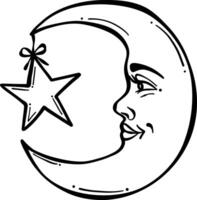 doce sonhos sorridente lua com uma estrela, mão desenhado vetor linha arte ilustração, decorativo grampo arte elemento