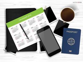 abstrato de calendário com passaporte, smartphone e xícara de café na madeira. plano de fundo para o turismo e a ideia de viajar. vetor.