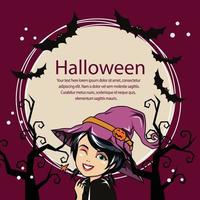 cartão de halloween com texto redondo de desenho de bruxa vetor