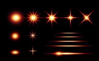conjunto de iluminação starburst realista isolada no fundo preto. brilho efeito de luz vermelha, laranja, amarela e branca. explosão de explosão de luz brilhante. estrela brilhante iluminada vetor