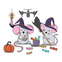 ratos de halloween com morcego, aranha, abóbora e doces. ilustração dos desenhos animados. vetor