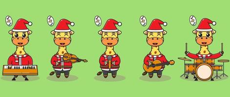 ilustração em vetor de girafa bonito Papai Noel tocar um instrumento musical.