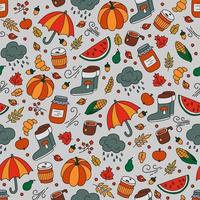 Outono padrão sem emenda em estilo doodle e cartoon. guarda-chuva e chuva, abóbora e melancia, botas de borracha. ilustração vetorial em fundo cinza vetor