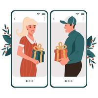 um garoto e uma garota dão uma caixa com um presente de natal e ano novo na tela do smartphone. parabéns online. ilustração em vetor plana de aplicativo móvel
