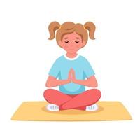 garota meditando na posição de lótus. ginástica, ioga e meditação para crianças vetor