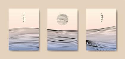 japonês paisagem fundo conjunto de cartões ilustração em vetor padrão de onda linha preta. textura ondulada geométrica do modelo abstrato colorido. projeto de layout de montanha em estilo oriental, brochura vertical