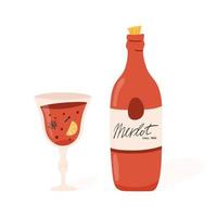 garrafa de vinho e copo de vinho quente com rodela de laranja, estrela de anis e cravo-da-índia. ilustração vetorial vetor