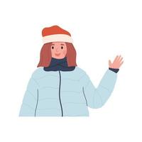 mulher feliz no inverno chapéu, lenço e jaqueta baiacu, sorrindo e acenando com a mão - ilustração vetorial plana. conceito de celebração de Natal e ano novo. vetor