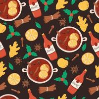 padrão sem emenda de vinho quente. ingredientes da bebida quente de Natal - vinho, maçã, gengibre, canela, cravo, anis, cardamomo. ilustração vetorial. vetor