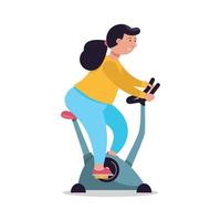 uma mulher pratica esportes em uma bicicleta ergométrica. ilustração vetorial de desenho animado vetor