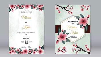 luxo Casamento convite cereja flores e folhas dourado polígono elementos em aguarela fundo vetor
