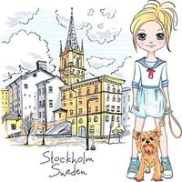 menina com cachorro dentro Estocolmo vetor