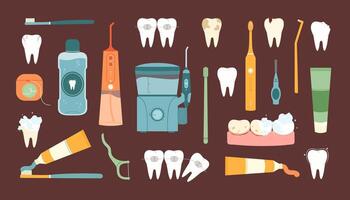 dentes saúde, dental Cuidado definir. coleção do oral higiene limpeza Ferramentas e diferente dentes. plano vetor isolado ilustração