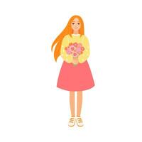 lindo jovem mulher segurando flor ramalhete com rosas e peônias. recebendo presente Como símbolo do amor e auto amar. dia dos namorados dia desenho animado vetor ilustração do feliz menina