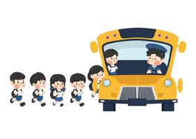 grupo crianças alunos entrar escola ônibus vetor