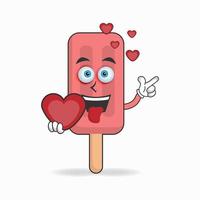 personagem do mascote do sorvete vermelho segurando um ícone de amor. ilustração vetorial vetor