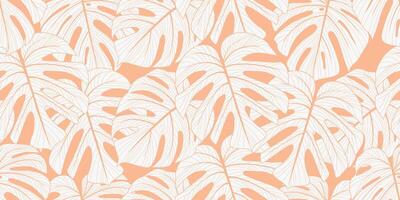 elegante vetor desatado fundo com abstrato rabisco exótico monstera folhas dentro na moda pêssego cor para invólucro papel, têxtil, casamento, beleza