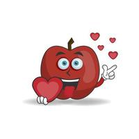 personagem do mascote da apple segurando um ícone de amor. ilustração vetorial vetor