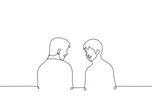 dois homens ficar de pé fechar para cada de outros e sorrir - 1 linha desenhando vetor. conceito amigáveis conversação, rir junto, engraçado Piada vetor