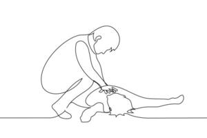homem faz a indireto coração massagem para uma deitado pessoa - 1 linha desenho. primeiro ajuda conceito vetor