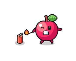 ilustração do mascote da maçã jogando fogo de artifício vetor