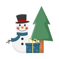 boneco de neve, presente caixa com árvore abeto ilustração vetor
