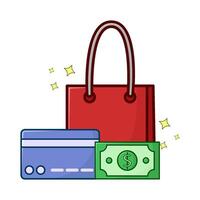 compras bolsa, débito cartão com dinheiro ilustração vetor