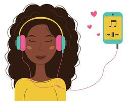 plano vetor ilustração do uma lindo mulher vestindo fones de ouvido ouvindo para dela favorito música