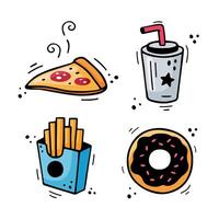 velozes Comida ícones conjunto - pizza, francês fritas, bebida, chocolate rosquinha. mão desenhado velozes Comida combinação. quadrinho rabisco esboço estilo. colorida lanches desenhado com sentido gorjeta caneta. vetor ilustração