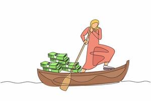 contínuo 1 linha desenhando árabe empresária em pé dentro barco Navegando com pilha do papel dinheiro. investimento estratégia. financeiro planejamento às empresa. solteiro linha Projeto vetor gráfico ilustração