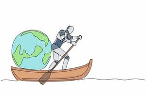 1 contínuo linha desenhando artificial robô em pé dentro barco e Navegando com terra globo. levando viagem por aí a mundo de enviar. turismo ou viajando. solteiro linha gráfico Projeto vetor ilustração