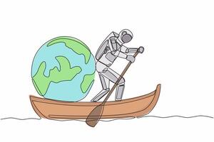 contínuo 1 linha desenhando jovem astronauta Navegando longe em barco com globo. exploração missão viagem através planetas. cosmonauta exterior espaço conceito. solteiro linha Projeto vetor gráfico ilustração