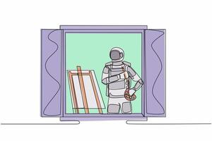 contínuo 1 linha desenhando astronauta pintor desenhando perto janela, segurando pintura escova e paleta, desenhando em tela de pintura dentro lua superfície. cosmonauta exterior espaço. solteiro linha Projeto vetor ilustração