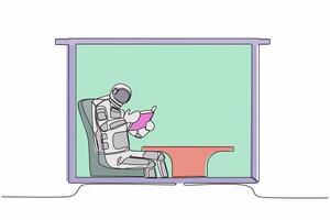 contínuo 1 linha desenhando astronauta sentado dentro cadeira e lendo livro dentro lua superfície. sentado dentro poltrona perto janela dentro vivo sala. cosmonauta exterior espaço. solteiro linha Projeto vetor ilustração