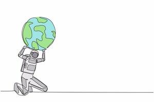 contínuo 1 linha desenhando astronauta carregando pesado globo em dele voltar. terra exploração, galáctico poluição. mundo população crise. cosmonauta exterior espaço. solteiro linha Projeto vetor ilustração