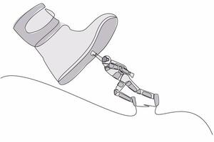 solteiro contínuo linha desenhando jovem astronauta vôo com mochila a jato contra gigante sapatos pisando forte. astronauta mosca acima contra gigante pé etapa. cosmonauta profundo espaço. 1 linha desenhar Projeto vetor ilustração