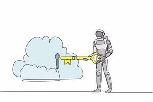solteiro 1 linha desenhando astronauta colocando grande chave para dentro nuvem. segurança armazenamento dentro nave espacial dados, senha trava segurança autenticação. cósmico galáxia espaço. contínuo linha Projeto vetor ilustração