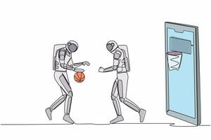 contínuo 1 linha desenhando dois basquetebol jogadoras astronauta dentro açao durante jogos Fora do Smartphone tela. conectados basquetebol jogo. cosmonauta exterior espaço. solteiro linha desenhar Projeto vetor ilustração