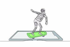 contínuo 1 linha desenhando jovem astronauta equitação skate em Smartphone tela. à moda masculino skatista dentro traje espacial roupa. cosmonauta exterior espaço. solteiro linha desenhar gráfico Projeto vetor ilustração