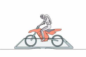 solteiro 1 linha desenhando do jovem astronauta motocross cavaleiro passeio motocross bicicleta em Smartphone tela. estilo livre motocross extremo esporte. cósmico galáxia espaço. contínuo linha Projeto vetor ilustração