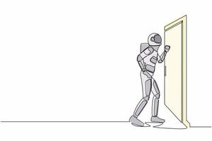 solteiro contínuo linha desenhando jovem astronauta batendo às porta dentro lua superfície. astronauta em pé às Entrada do quarto batendo porta. cosmonauta profundo espaço. 1 linha gráfico Projeto vetor ilustração