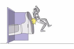 contínuo 1 linha desenhando jovem astronauta pegue chutado Fora do porta. demitido a partir de dele trabalho. patrão chutes desnecessário astronauta. cosmonauta exterior espaço. solteiro linha desenhar gráfico Projeto vetor ilustração