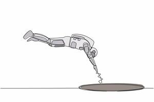 contínuo 1 linha desenhando do jovem astronauta saltar para dentro buraco. fracasso para levar vantagem do nave espacial o negócio oportunidades. cosmonauta exterior espaço. solteiro linha desenhar gráfico Projeto vetor ilustração