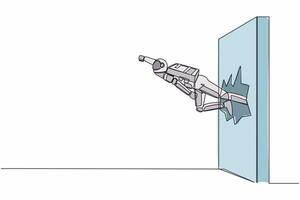 solteiro 1 linha desenhando jovem astronauta soco e pausa a muro. vôo astronauta rompe a parede dentro lua superfície. cósmico galáxia espaço conceito. contínuo linha desenhar gráfico Projeto vetor ilustração
