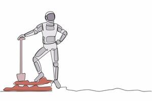 solteiro contínuo linha desenhando do jovem astronauta em pé e segurando pá em cavado chão. animado astronauta encontrar tesouros dentro sujeira. cosmonauta profundo espaço. 1 linha gráfico Projeto vetor ilustração