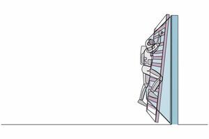 contínuo 1 linha desenhando do astronauta escalada acima a parede com escada dentro lua superfície. nave espacial expedição o negócio obstáculo. cosmonauta exterior espaço. solteiro linha gráfico Projeto vetor ilustração