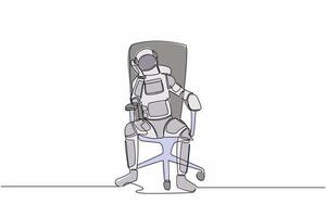 solteiro contínuo linha desenhando jovem astronauta sentado às escritório cadeira, sentindo-me estressado vencimento para buraco de minhoca nave espacial expedição falha. cosmonauta profundo espaço. 1 linha gráfico Projeto vetor ilustração