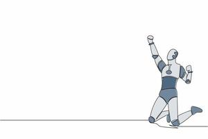 contínuo 1 linha desenhando feliz robô ajoelhado com elevado 1 mão Alto e elevado outro. humanóide cibernético organismo. futuro robô desenvolvimento. solteiro linha desenhar gráfico Projeto vetor ilustração