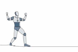 solteiro contínuo linha feliz robô em pé com elevado dele cerrado punho mãos. futuro robótico desenvolvimento. artificial inteligência máquina Aprendendo processo. 1 linha desenhar Projeto vetor ilustração